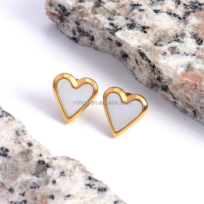 Amor Heart Gold Stud Earrings, elongated gold heart studs inlaid in white