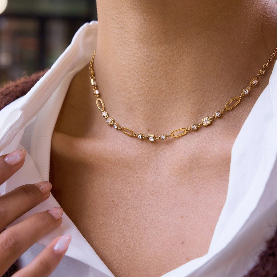 Capri Link Gold Chain Necklace on the neckline, worn