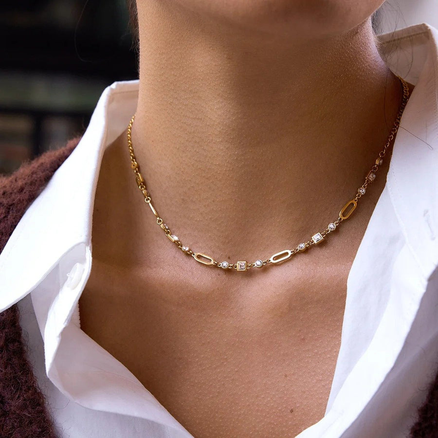 Capri Link Gold Chain Necklace on the neckline, worn
