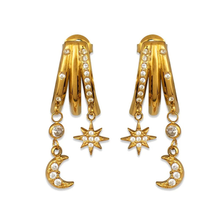 Celeste Star and Moon Gold Drop Earrings, gold drop earrings with stone bands, a star and moon