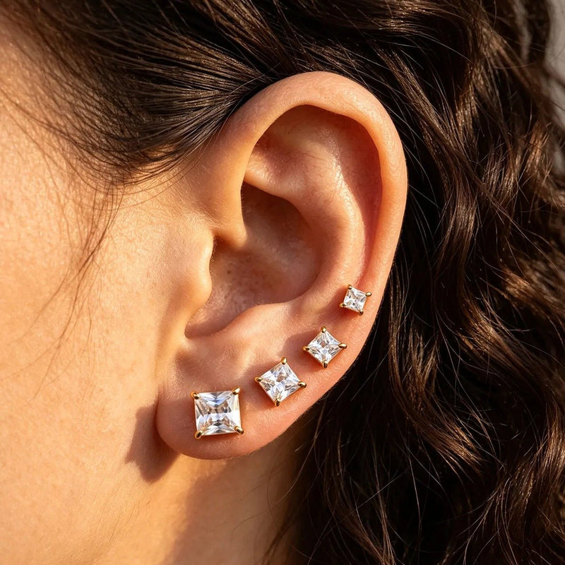 Cleo Square Studs, stud earring, worn