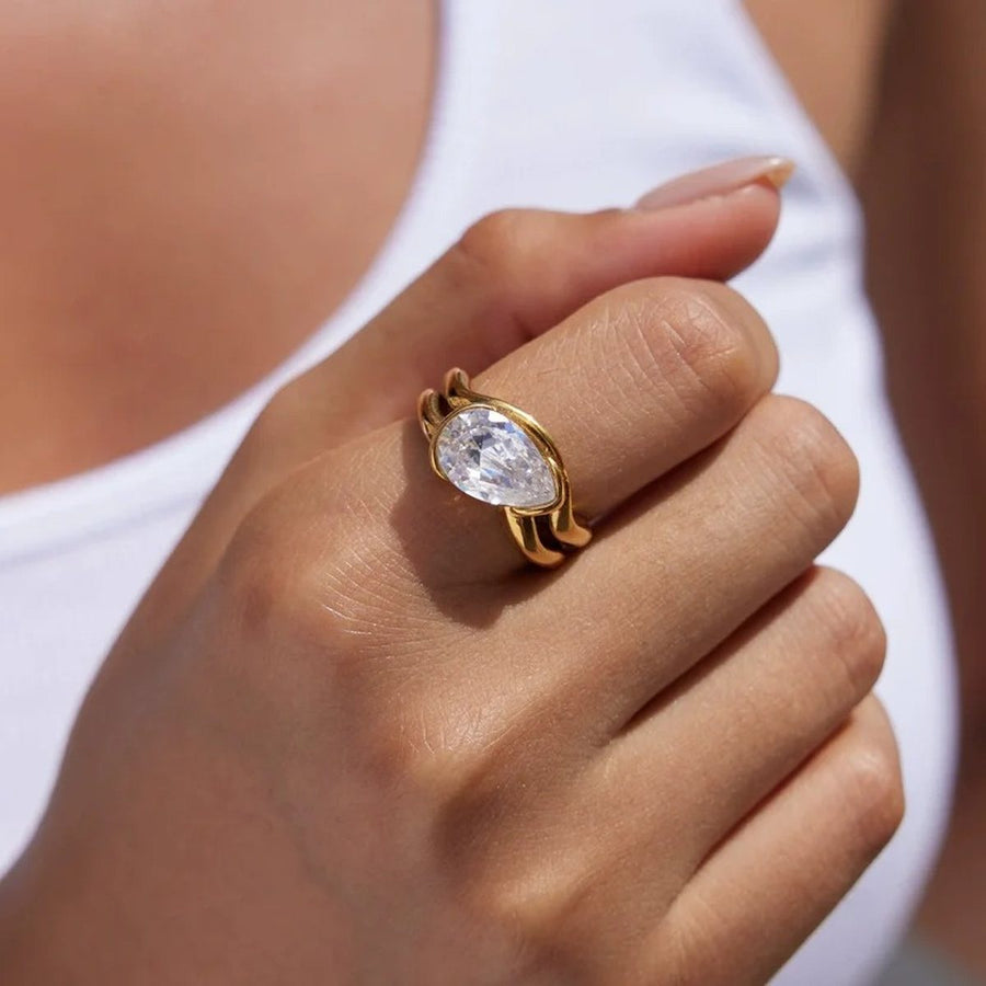 Duo Gold Solitaire Ring on the hand, worn