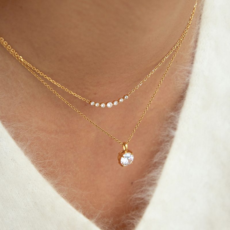 Ines Solitaire Gold Pendant Necklace, round solitaire pendant on a fine gold chain