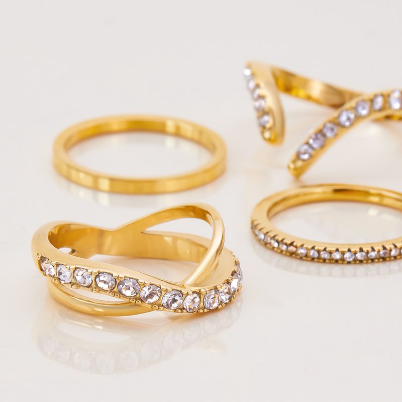 Infinity Cross Gold Ring, gold crossover ring, half polished and half pavé
