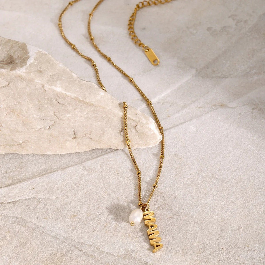 Mama Pearl Drop Gold Necklace, flat lay