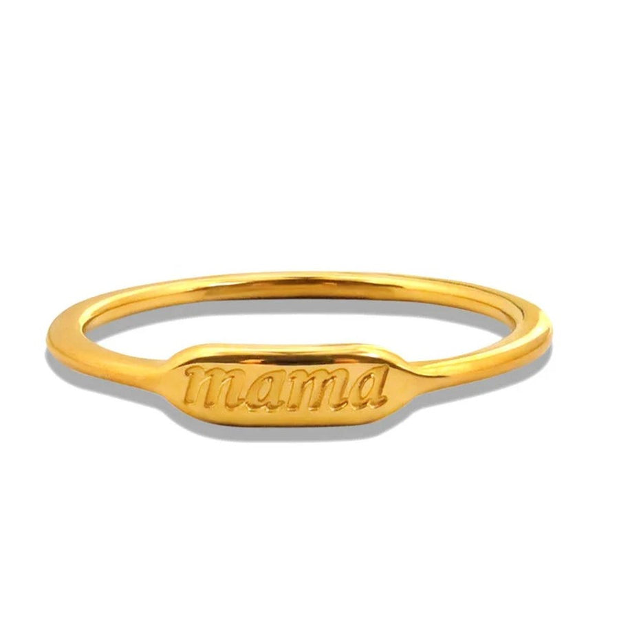 Mama Plate Gold Signet Ring, slim gold signet ring with mama on a polished plate