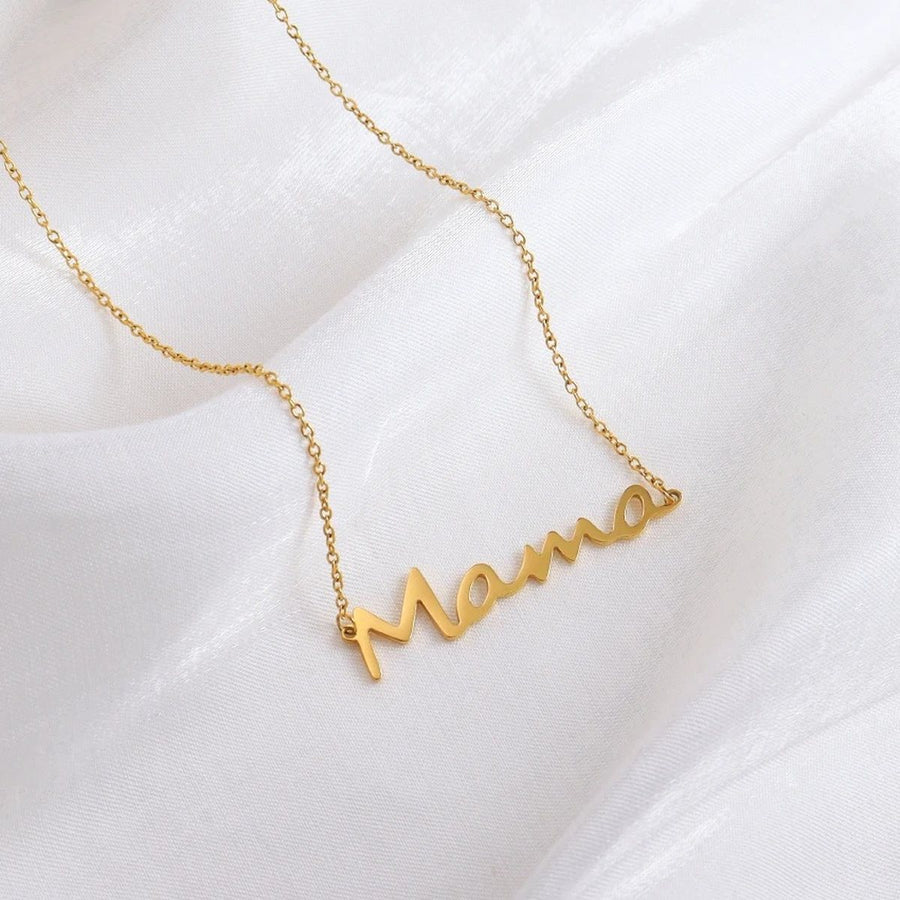 Mama Script Gold Chain Necklace, flat lay
