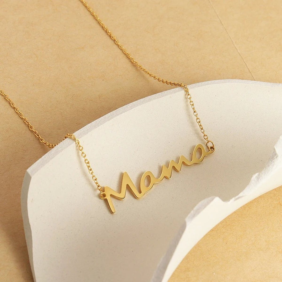 Mama Script Gold Chain Necklace, flat lay