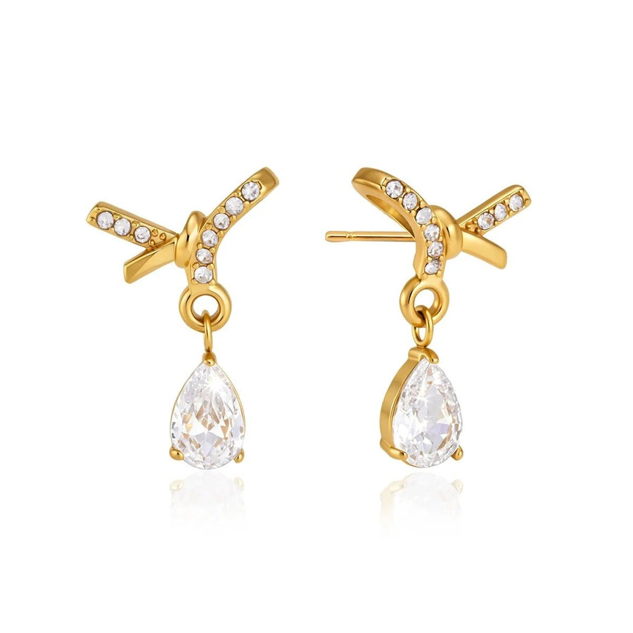 Noor Crossover Gold Teardrop Earrings, crossover gold stud earrings with a teardrop stone