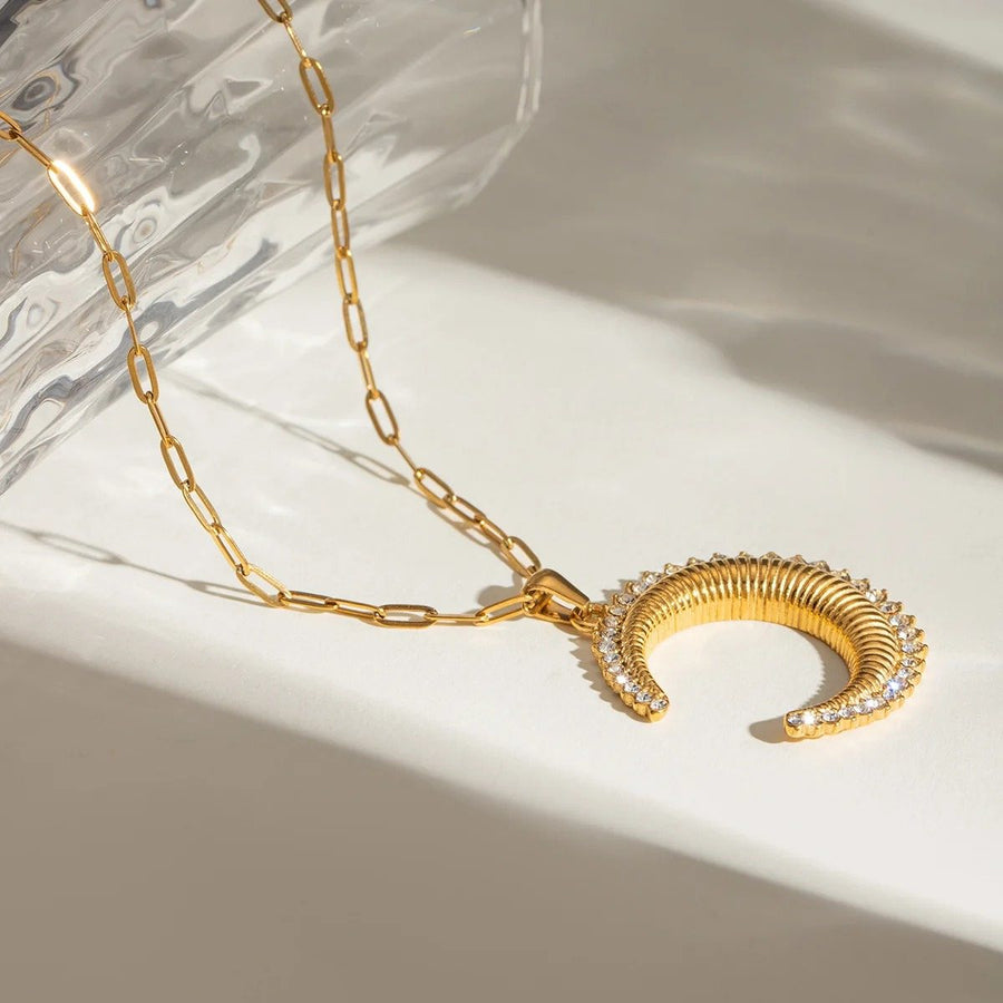 Selene Gold Crescent Moon Necklace, flat lay