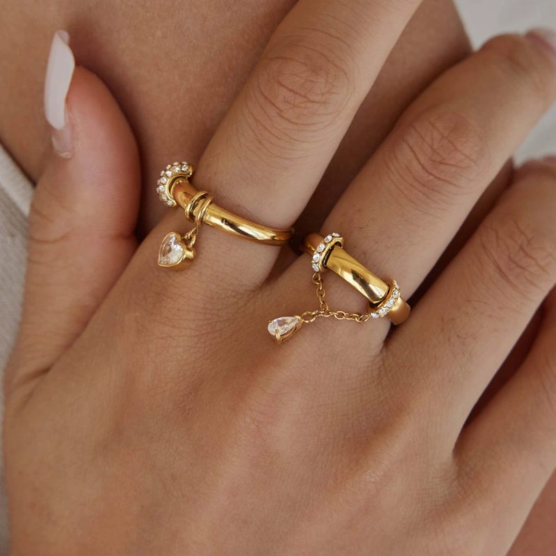 Tilly Gold Heart Charm Ring, slim gold ring with a tiny heart and drop charm