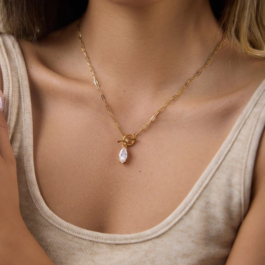 Toggle Marquise Gold Paperclip Necklace on the neckline, worn