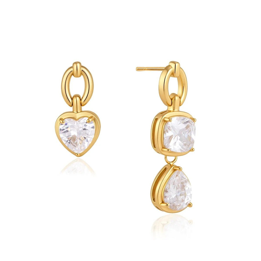 Amour Heart Link Gold Drop Earrings, chunky gold link drop earrings with a heart charm