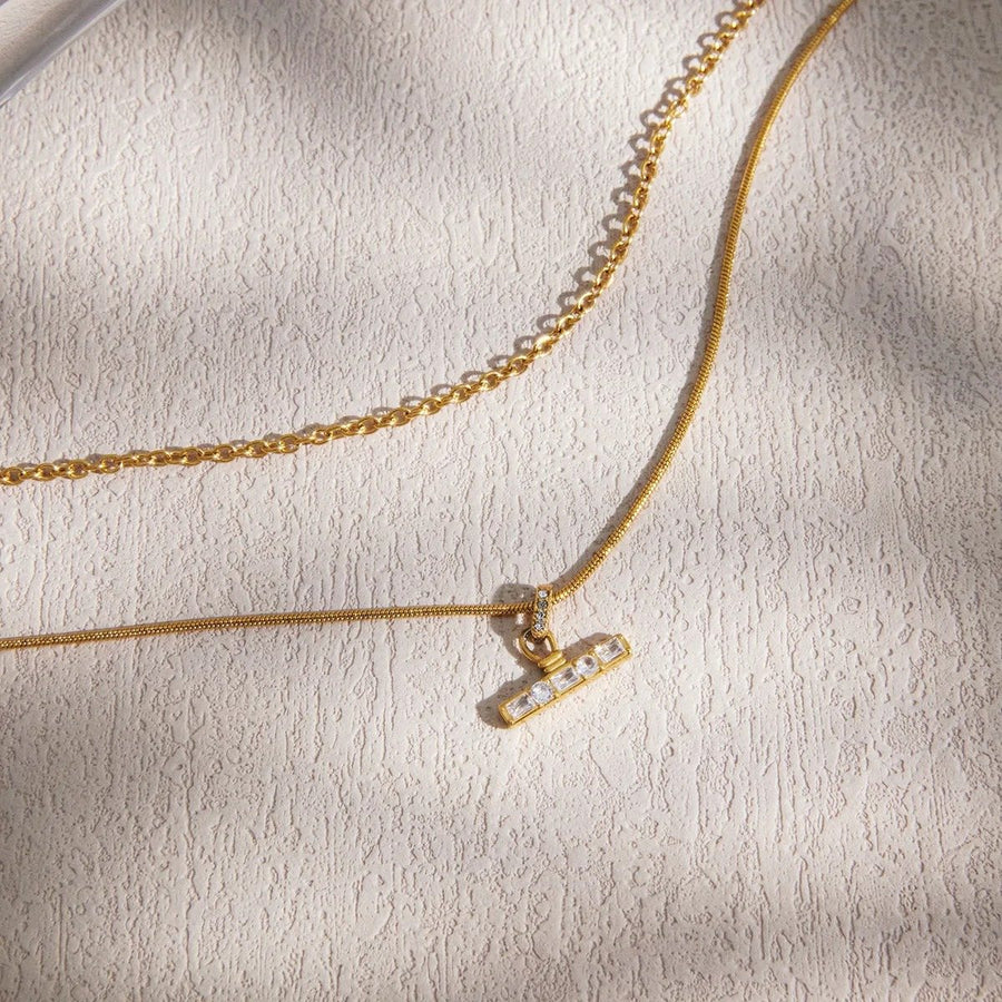 Baguette T-Bar Layer Necklace, layered necklace, flat lay