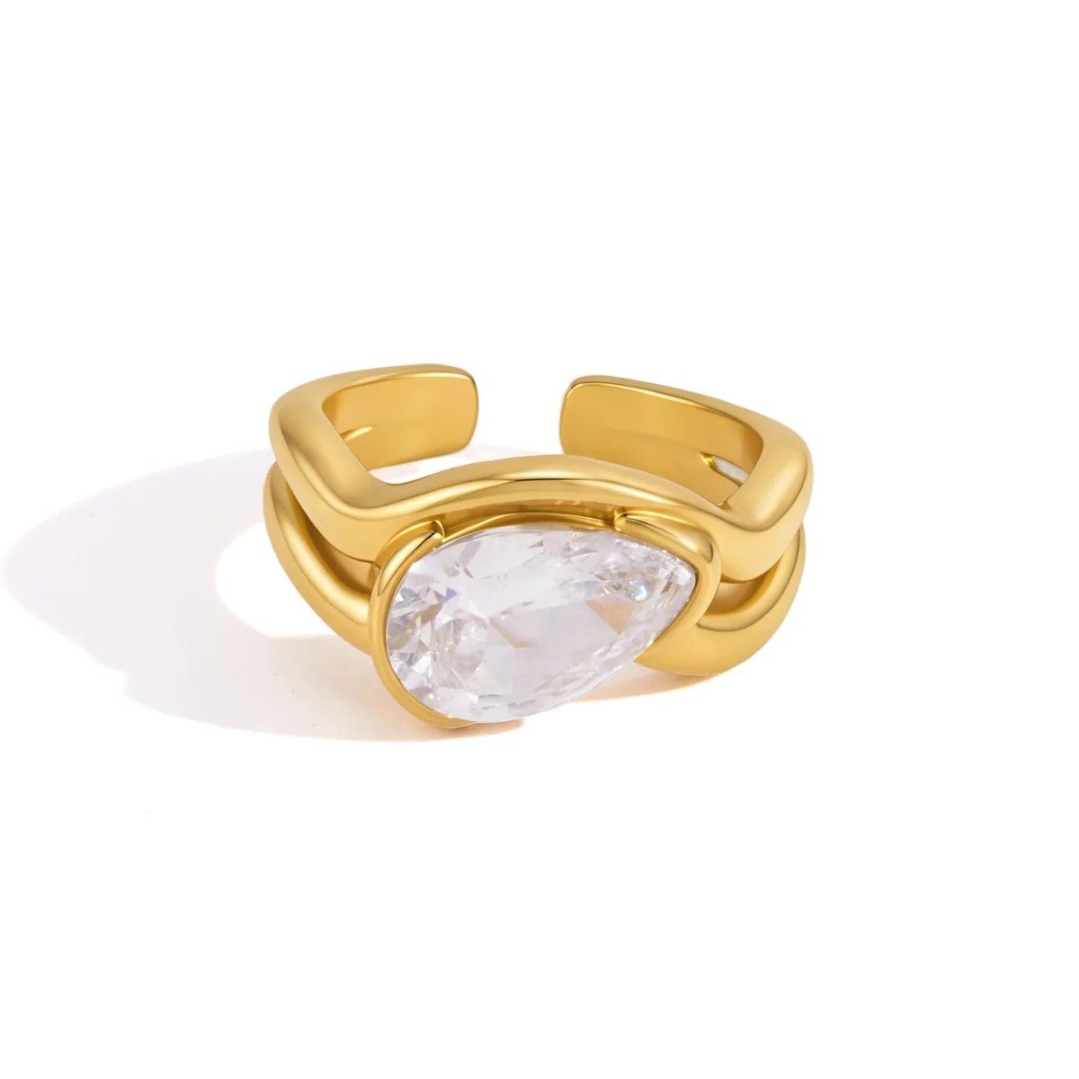 Duo Gold Solitaire Ring, gold ring with two open bands meeting at one stone