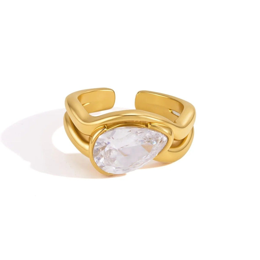 Duo Gold Solitaire Ring, gold ring with two open bands meeting at one stone
