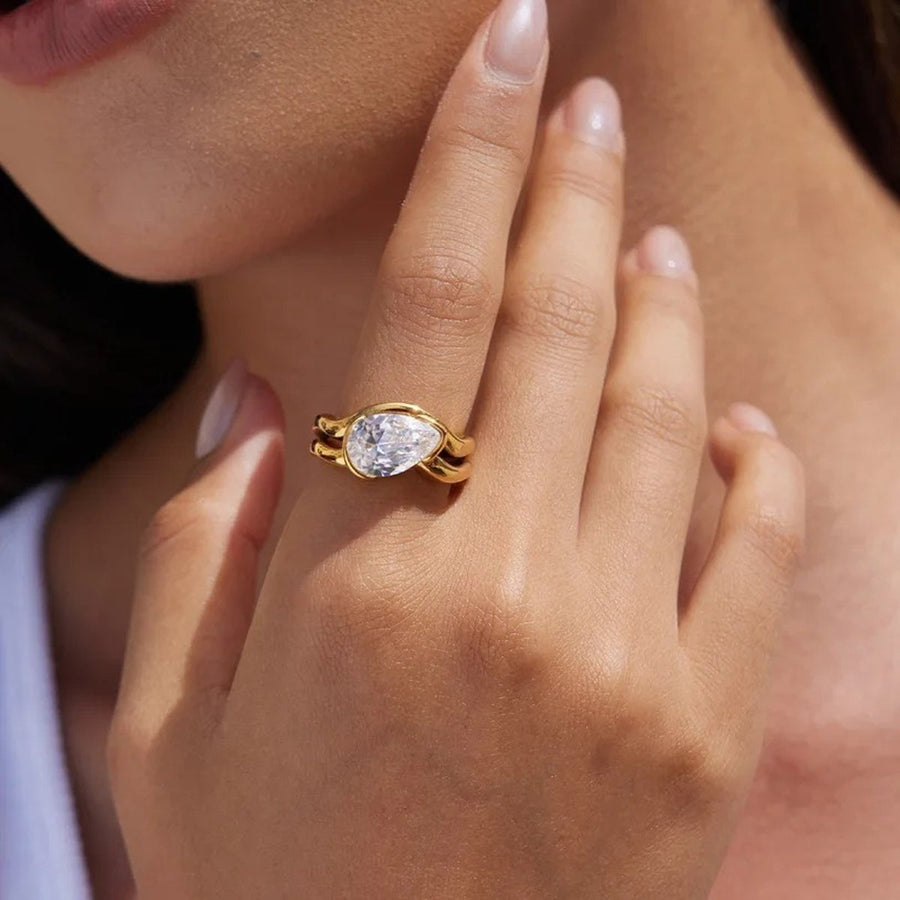 Duo Gold Solitaire Ring on the hand, worn