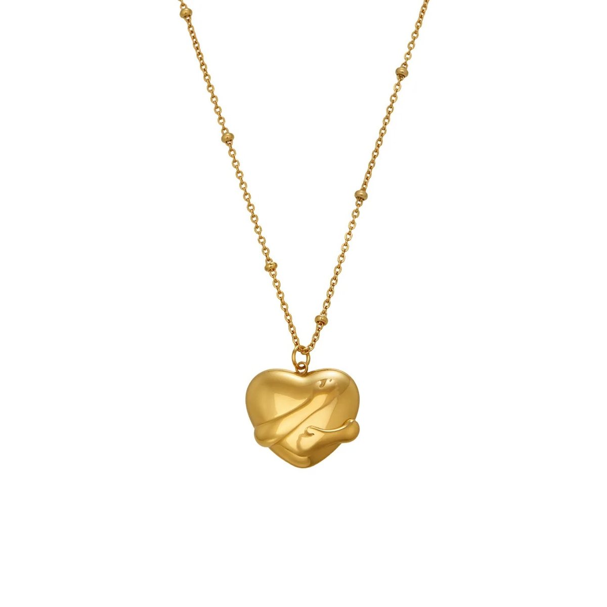 Embrace Gold Heart Necklace, sculpted gold heart held in an embrace on a beaded chain