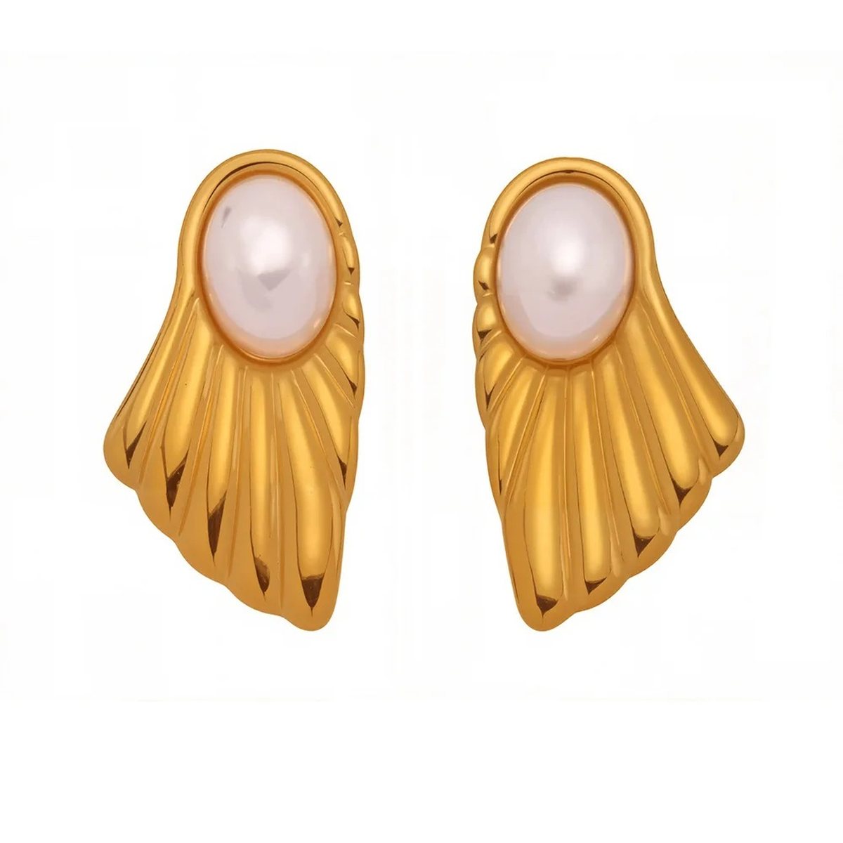 Éventail Gold Pearl Stud Earrings, gold fan-shaped studs holding a single faux pearl