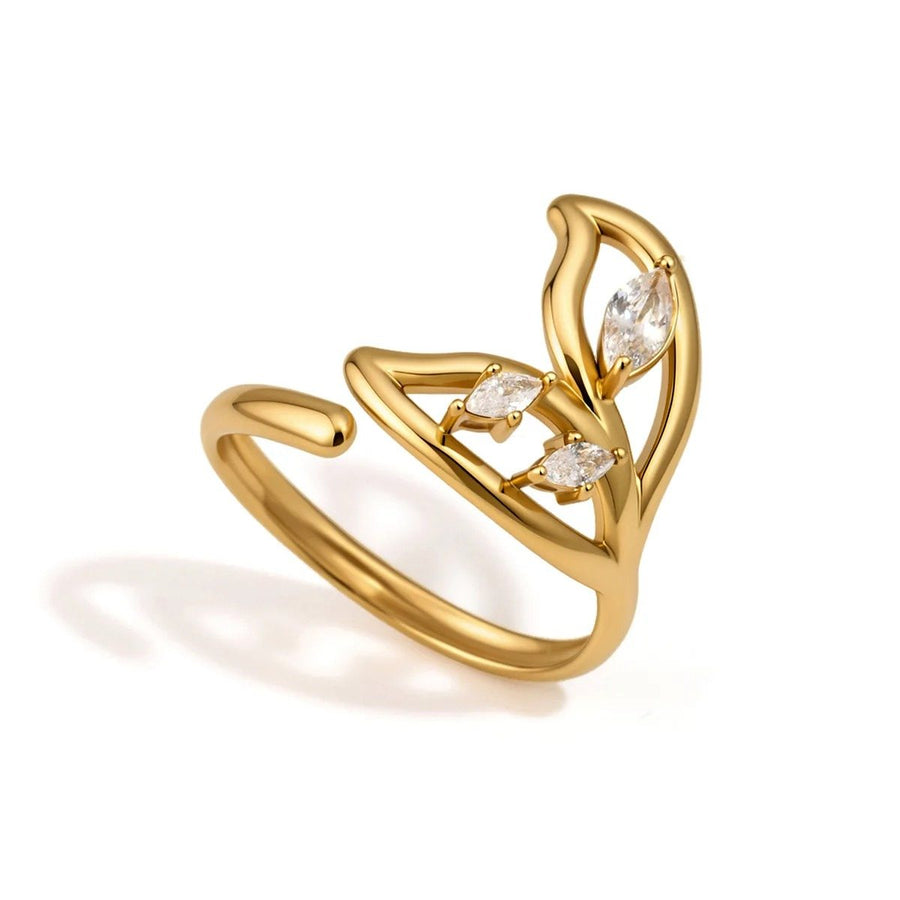 Feuille Marquise Gold Leaf Ring, gold open leaf ring set with marquise stones