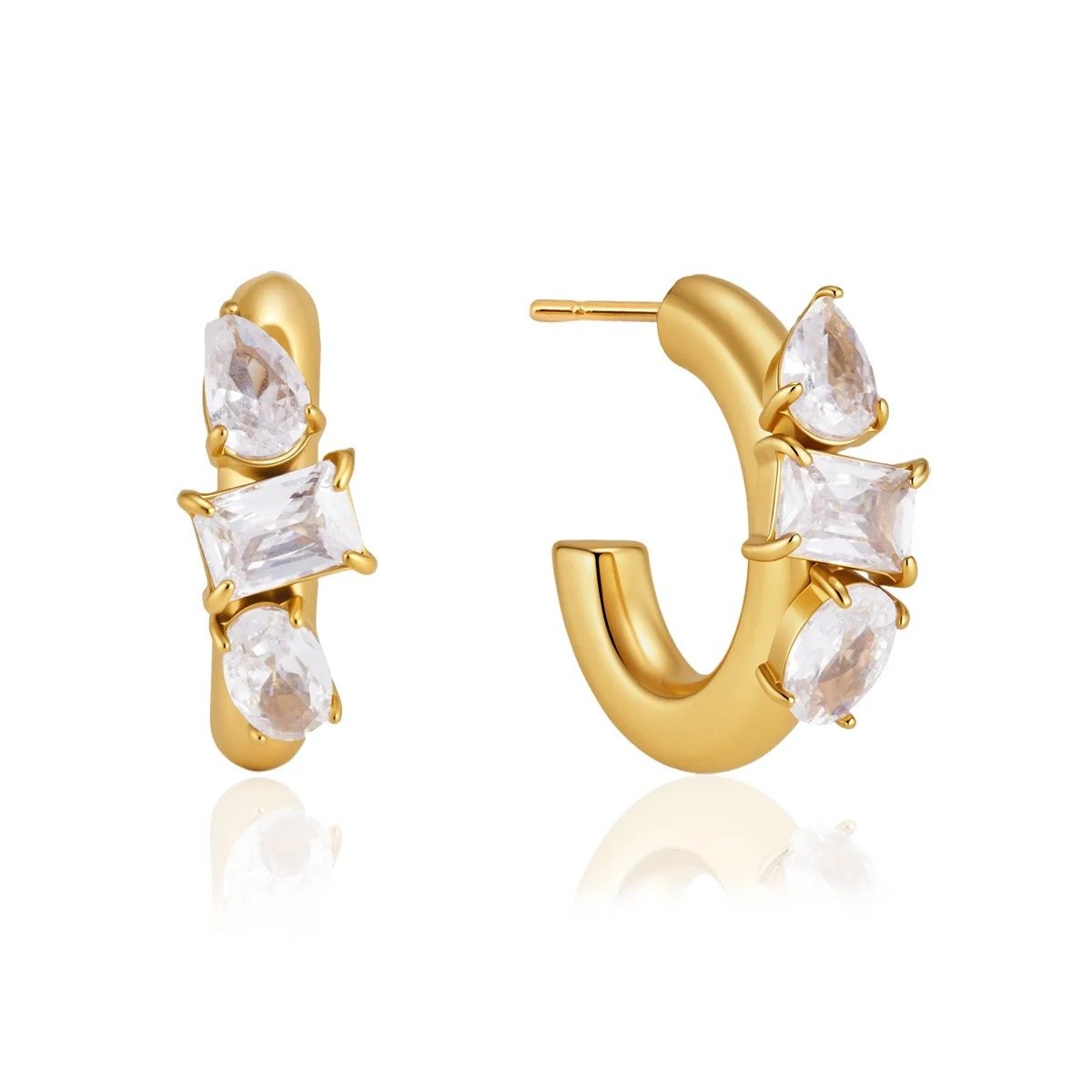 Fleur Gold Flower Hoop Earrings, polished gold c-shaped hoops with a stone flower