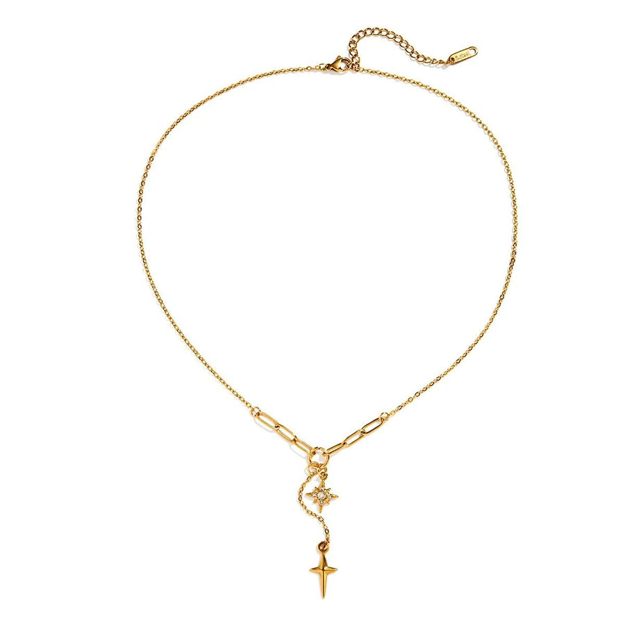 Fortuna Gold Cross Necklace, fine gold lariat necklace with a tiny cross charm
