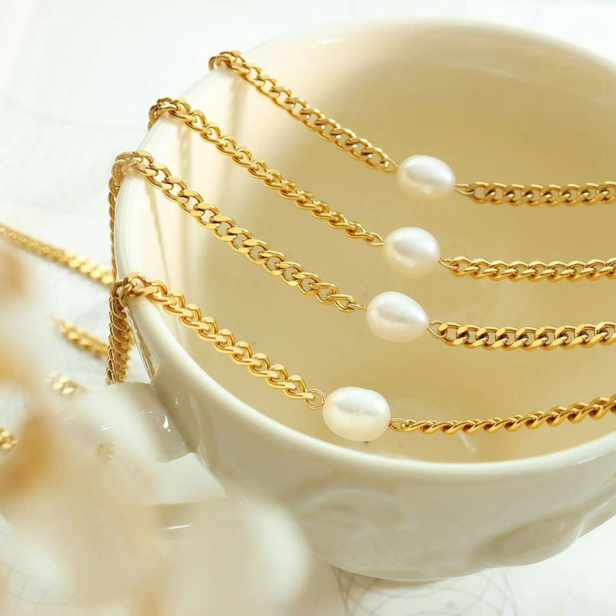 Gemma Pearl Necklace, chain necklace, flat lay