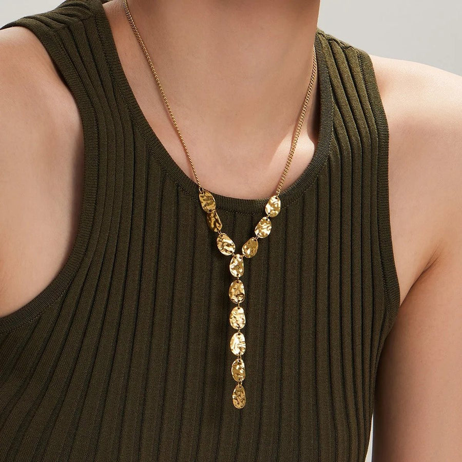 Hera Hammered Y Necklace, lariat necklace, worn