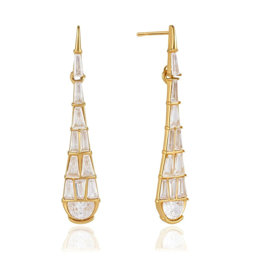 Lune Pavé Gold Teardrop Earrings, slim pavé gold stick earrings ending in a teardrop