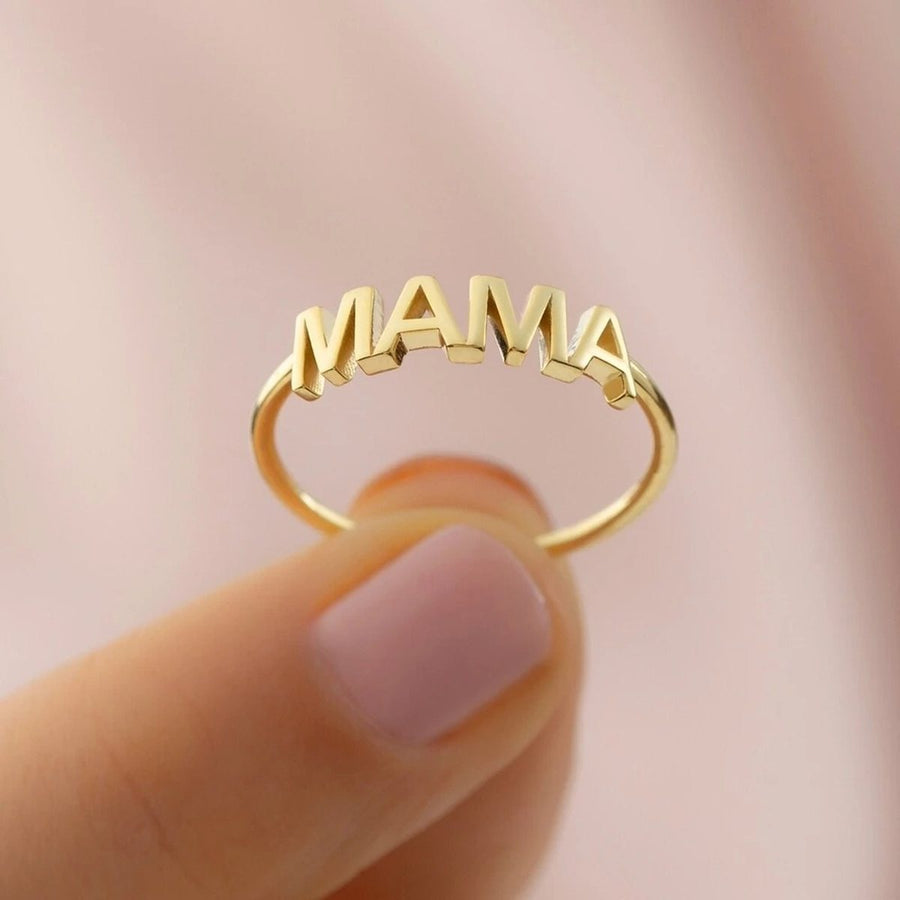 Mama Letter Gold Stacking Ring, close-up detail