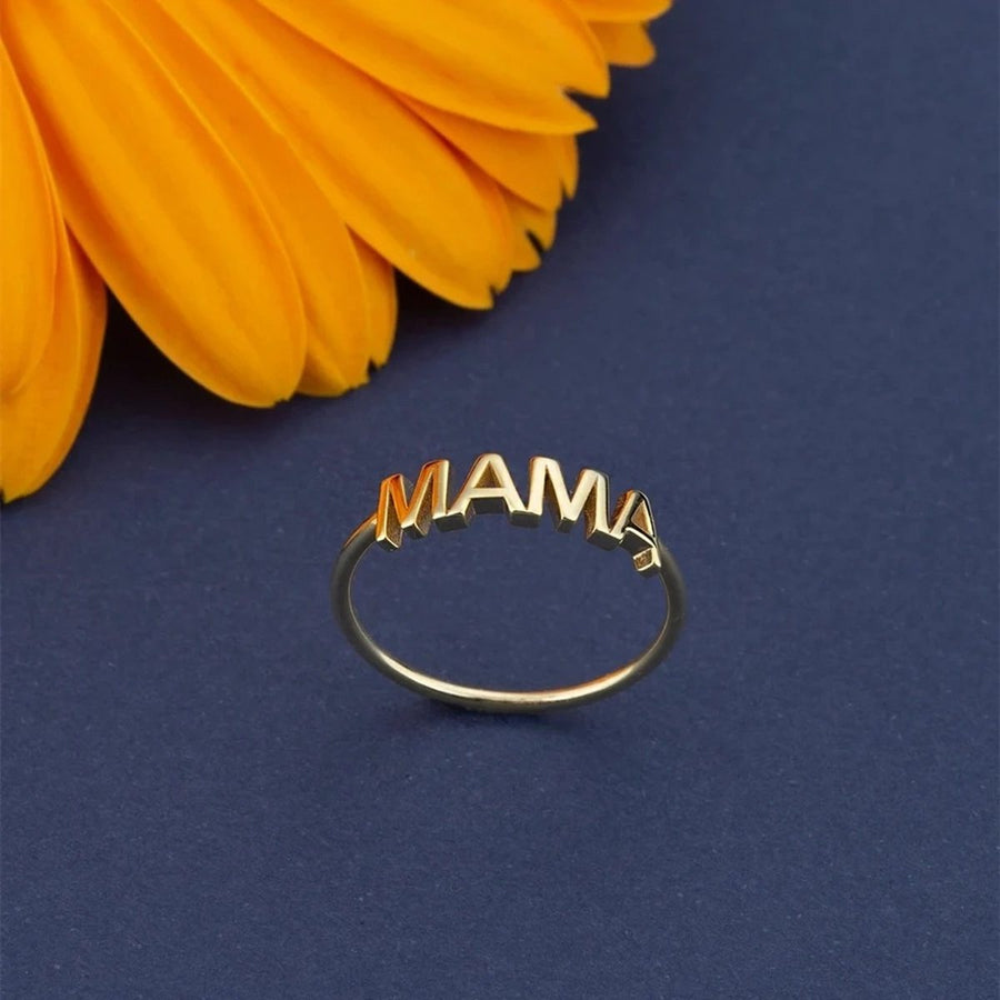 Mama Letter Gold Stacking Ring, flat lay