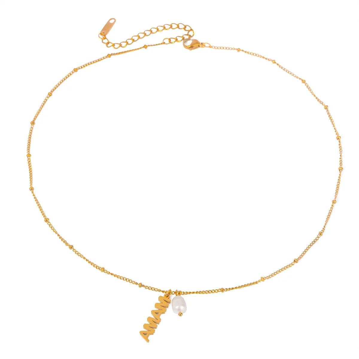 Mama Pearl Drop Gold Necklace, vertical gold MAMA bar and freshwater pearl on a chain