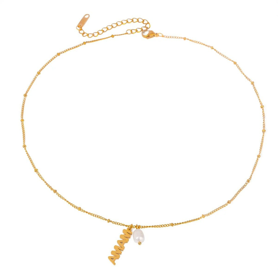 Mama Pearl Drop Gold Necklace, vertical gold MAMA bar and freshwater pearl on a chain
