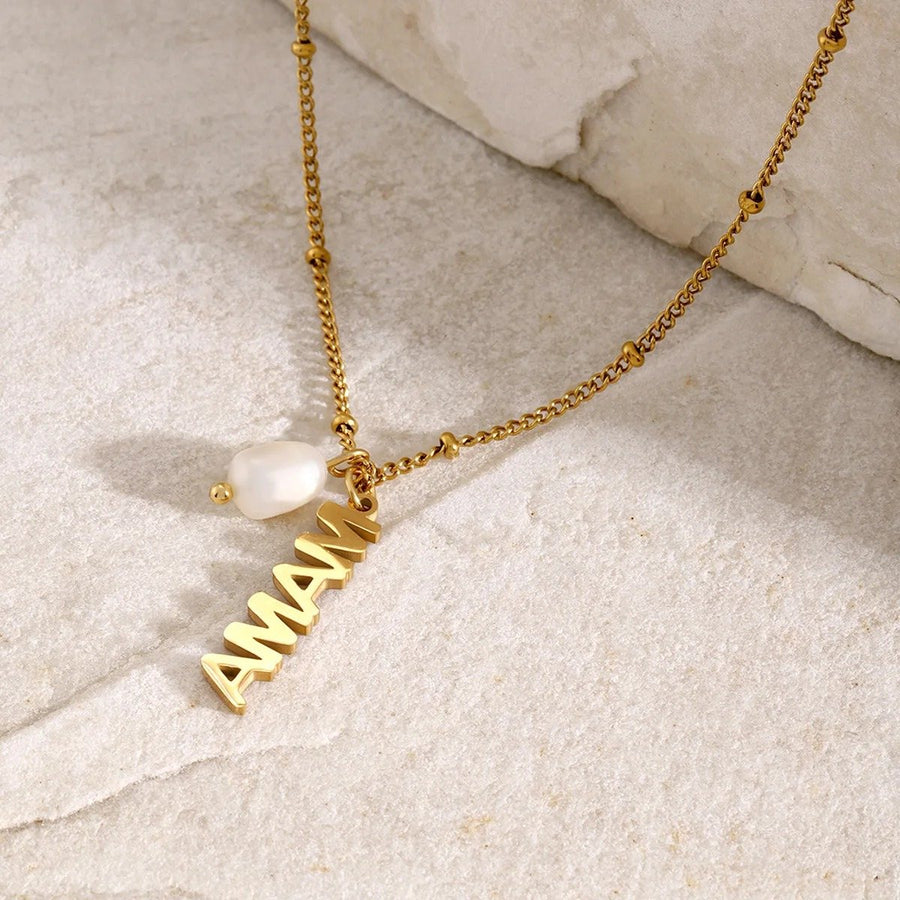 Mama Pearl Drop Gold Necklace, flat lay