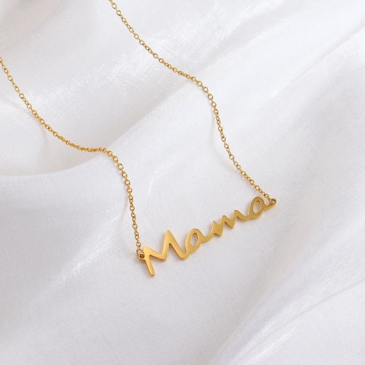 Mama Script Gold Chain Necklace, flat lay