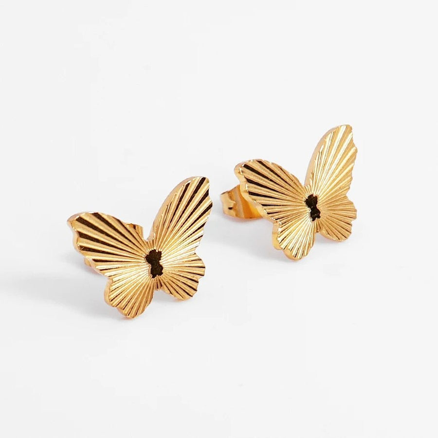 Monarch Butterfly Gold Stud Earrings, gold butterfly studs with finely etched wings
