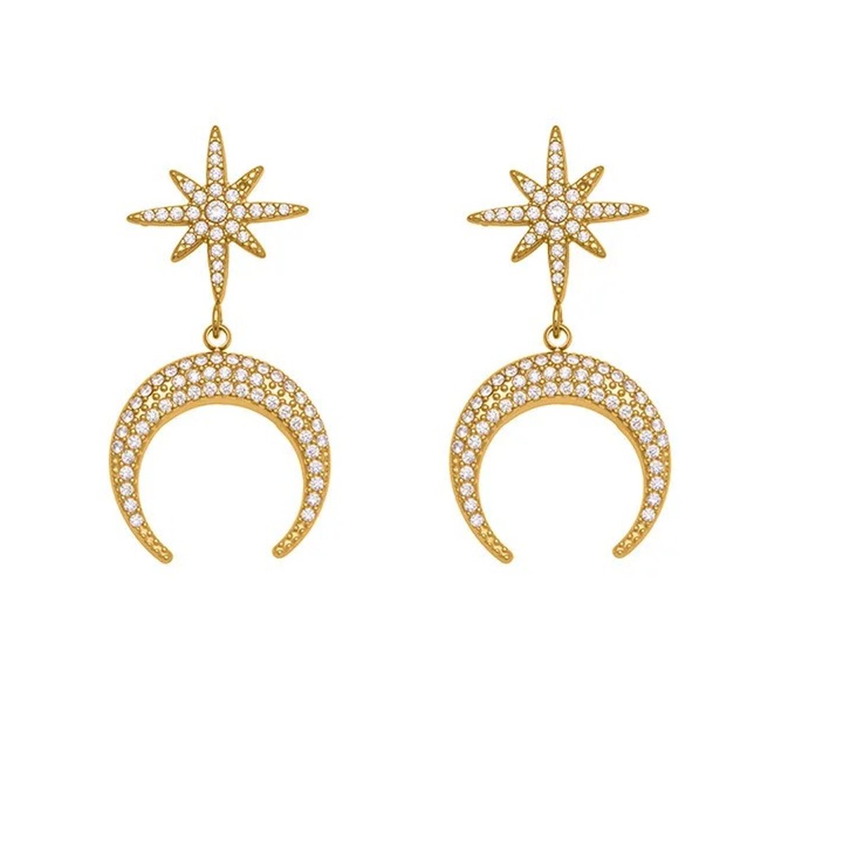 Nocturne Crescent Moon Gold Drop Earrings, gold crescent moon drop earrings with a pavé starburst