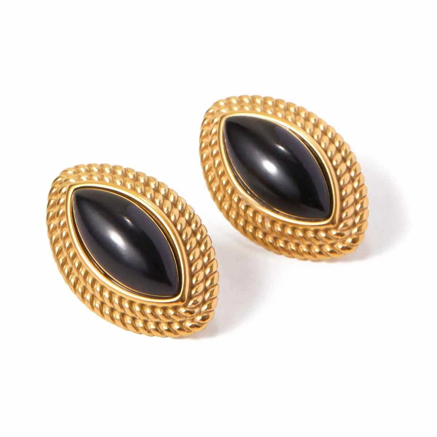 Noir Marquise Gold Stud Earrings, black marquise stone studs in twisted gold frames