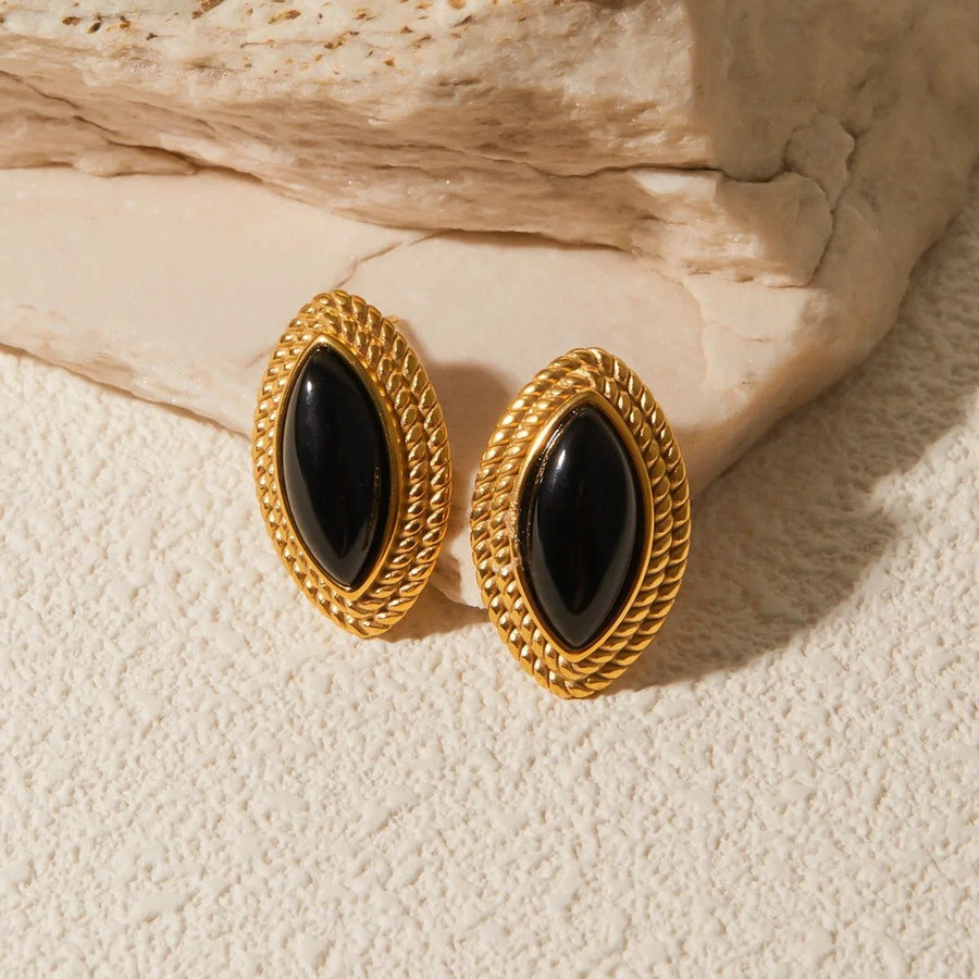 Noir Marquise Gold Stud Earrings, close-up detail