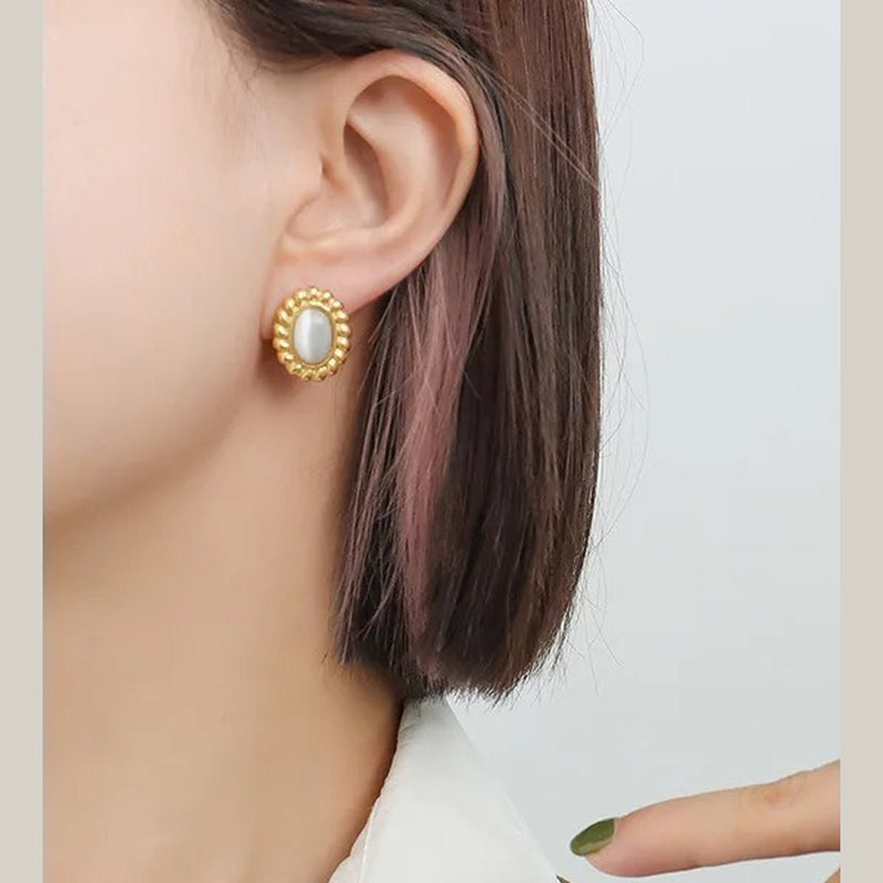 Opaline Oval Studs, stud earring, worn
