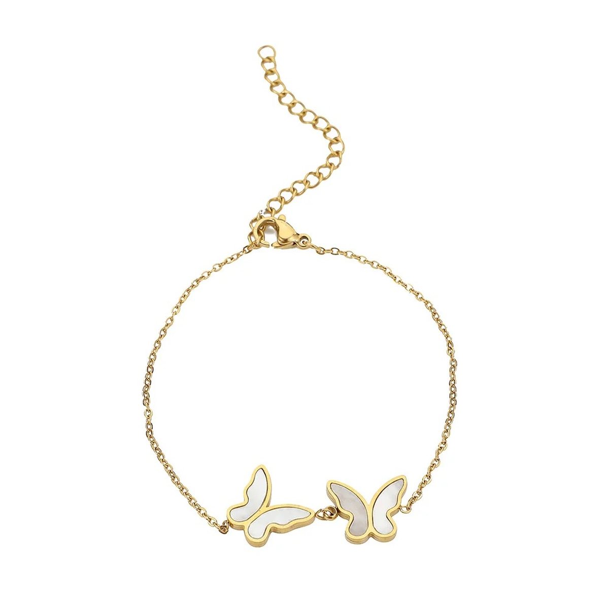 Papillon Butterfly Gold Anklet, fine gold anklet with two mother-of-pearl butterflies