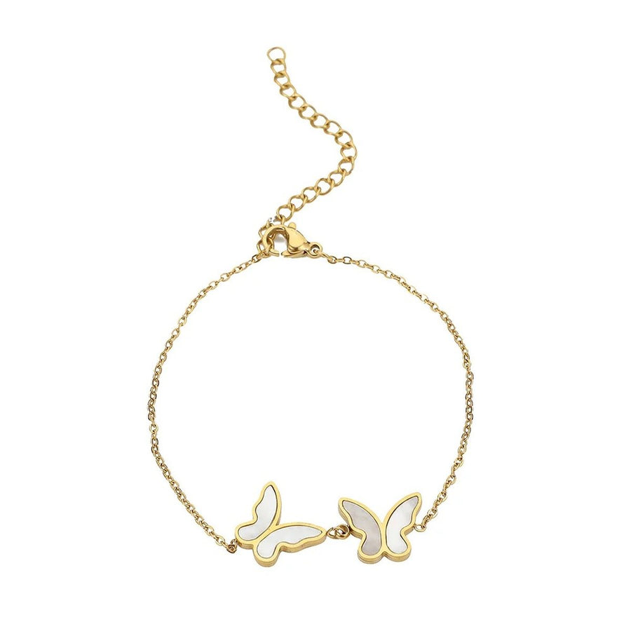 Papillon Butterfly Gold Anklet, fine gold anklet with two mother-of-pearl butterflies