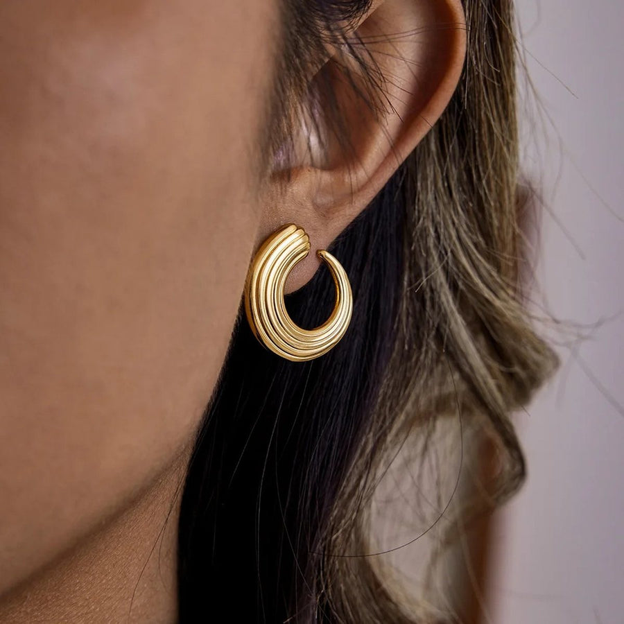 Ridge Crescent Studs, stud earring, worn