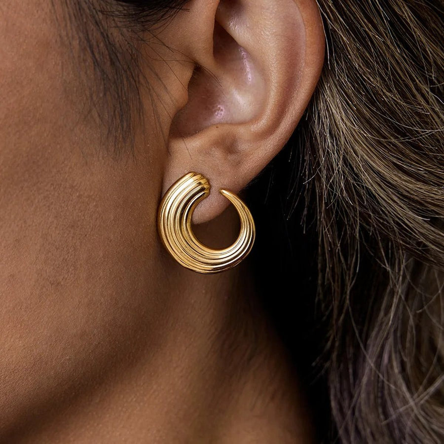 Ridge Crescent Studs, stud earring, worn