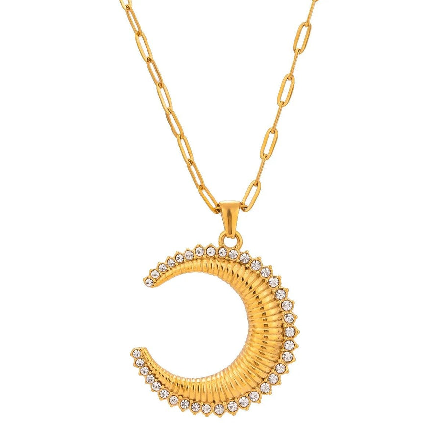 Selene Gold Crescent Moon Necklace, pavé crescent moon pendant on a paperclip chain
