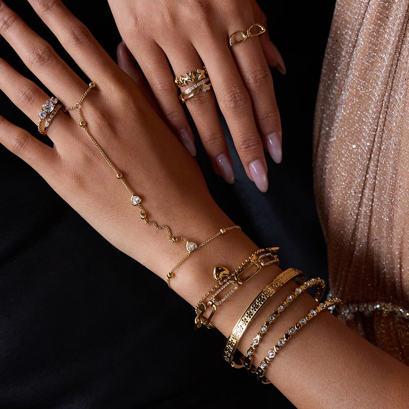Soirée Gold Hand Chain Bracelet, fine gold hand chain linking bracelet to ring