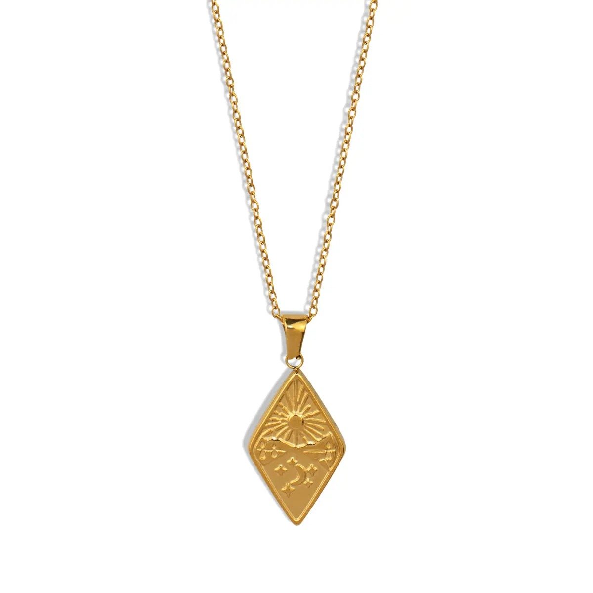 Solis Celestial Gold Pendant Necklace, gold lozenge pendant engraved with a sun and moon