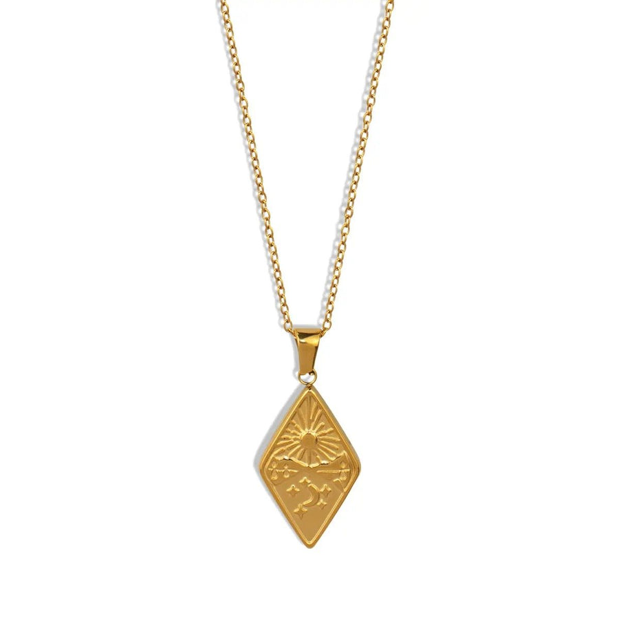 Solis Celestial Gold Pendant Necklace, gold lozenge pendant engraved with a sun and moon