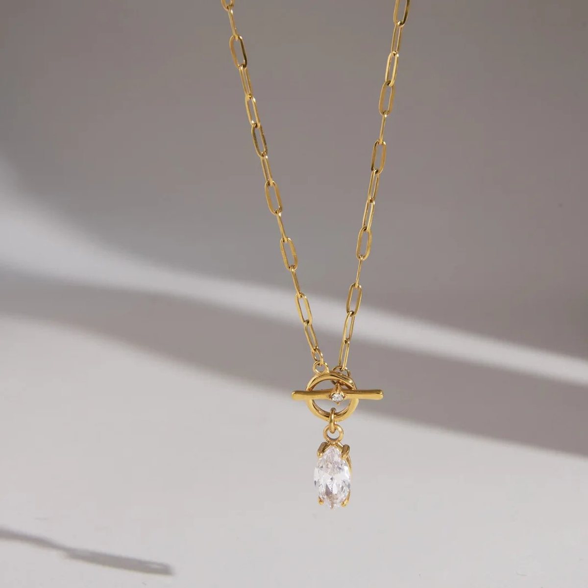 Toggle Marquise Gold Paperclip Necklace, gold paperclip chain with a front toggle and marquise drop